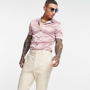 ASOS DESIGN skinny satin shirt with camp collar in dusty pink
